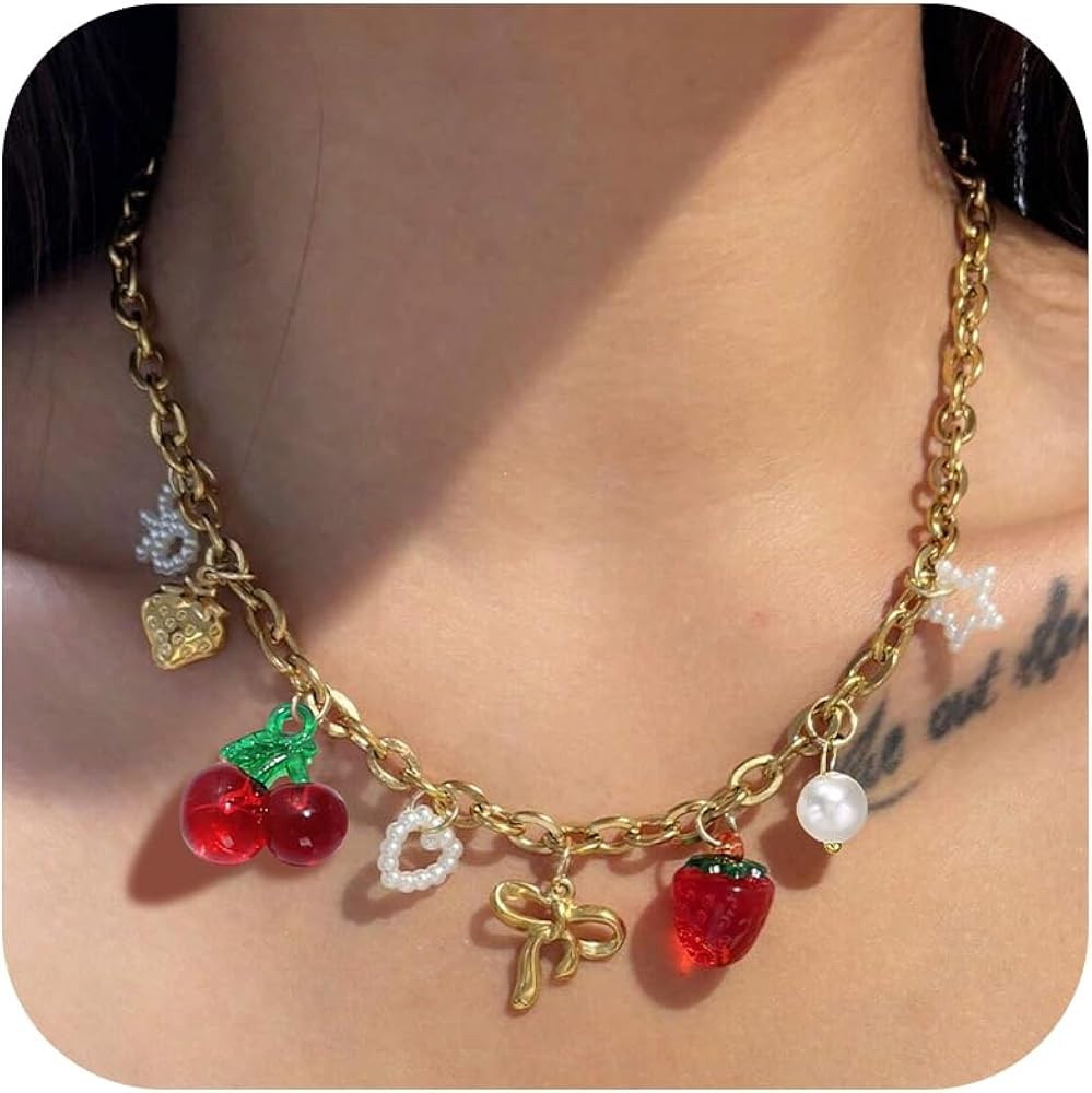 Gold Charm Necklace for Women Red Heart Cherry Strawberry Pearl Bow Cross Charms Beach Jewelry fo... | Amazon (US)