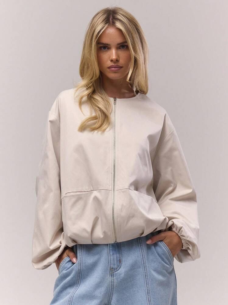 MUSERA Oversized Boxy Reißverschluss Ballon Ärmel Bomberjacke Herbst, Autumn, Old Money, Süß, Land, Cottage Core, Lässig Für Frauen Butterscotch Büro Arbeit Alltag Winter | SHEIN