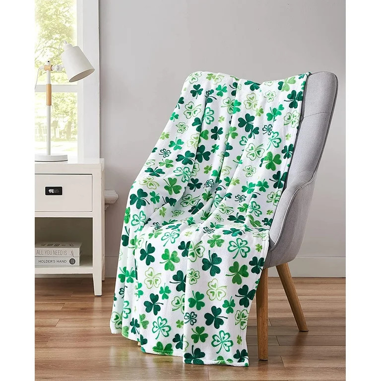 St. Patrick's Day Soft Throw Blanket: Greens of Ireland Four Leaf Clover Shamrock Design (White w... | Walmart (US)