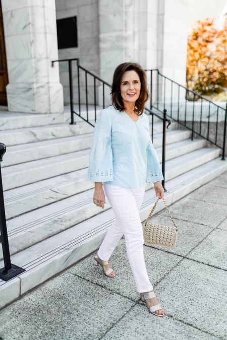 Easy summer style for petites.  Tonic top and white straight leg jeans with built in slimming in the tummy.  Tunic top is a soft cotton and runs TTS.  Wears my PXS in tunic and jeans.  

Comfortable gold sandals with unique heel.

#ltkpetite #petite

#LTKover40 #LTKshoecrush #LTKstyletip