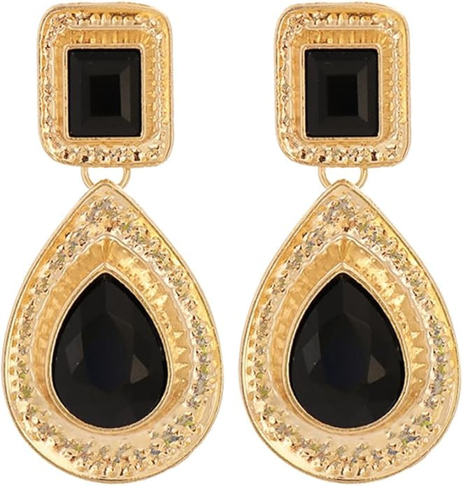 fxmimior Boho Fashion Women Gold Black Rhinestone Geometry Earrings Statement Drop Sparkly Vintag... | Amazon (US)