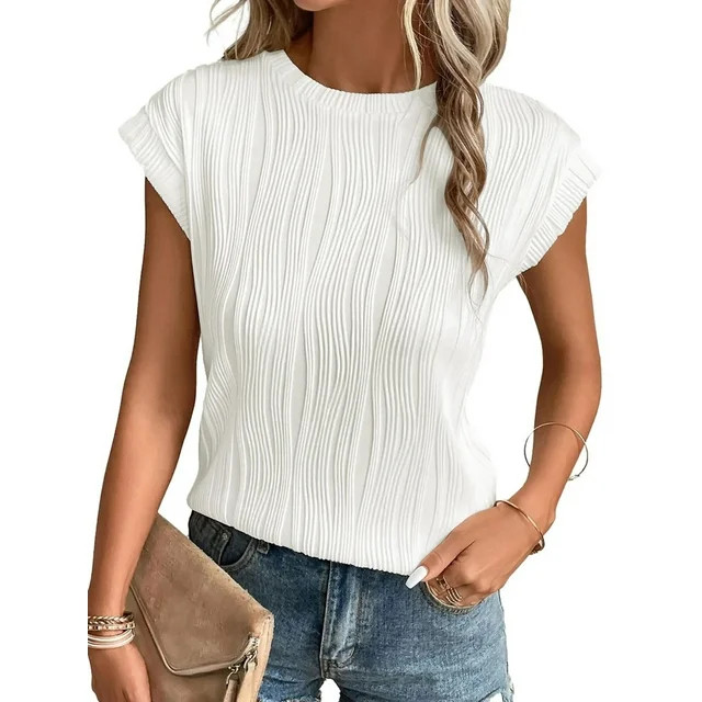 MOSHU Textured Womens Tops Casual Crewneck Basic Tee Shirts Cap Sleeve Summer Blouses | Walmart (US)