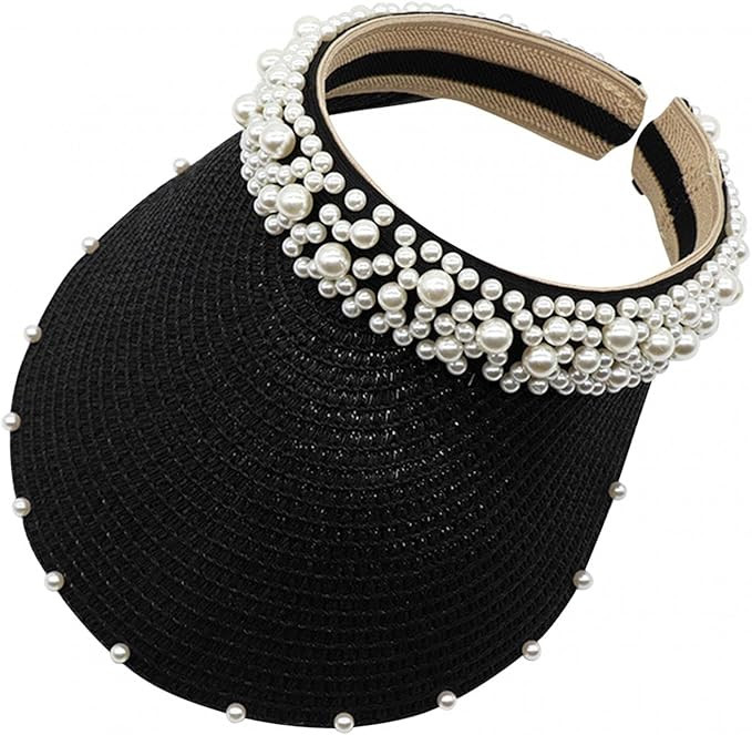 Womens Straw Visors with Pearl Headband Summer Wide Brim Sun Visors Elegant Beach Travel Sun Hats... | Amazon (US)