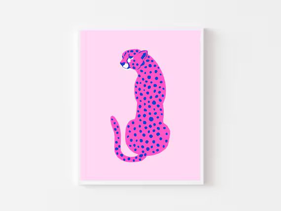Preppy Pink Leopard Cheetah Pink & Blue Preppy Wall Art  - Etsy | Etsy (US)