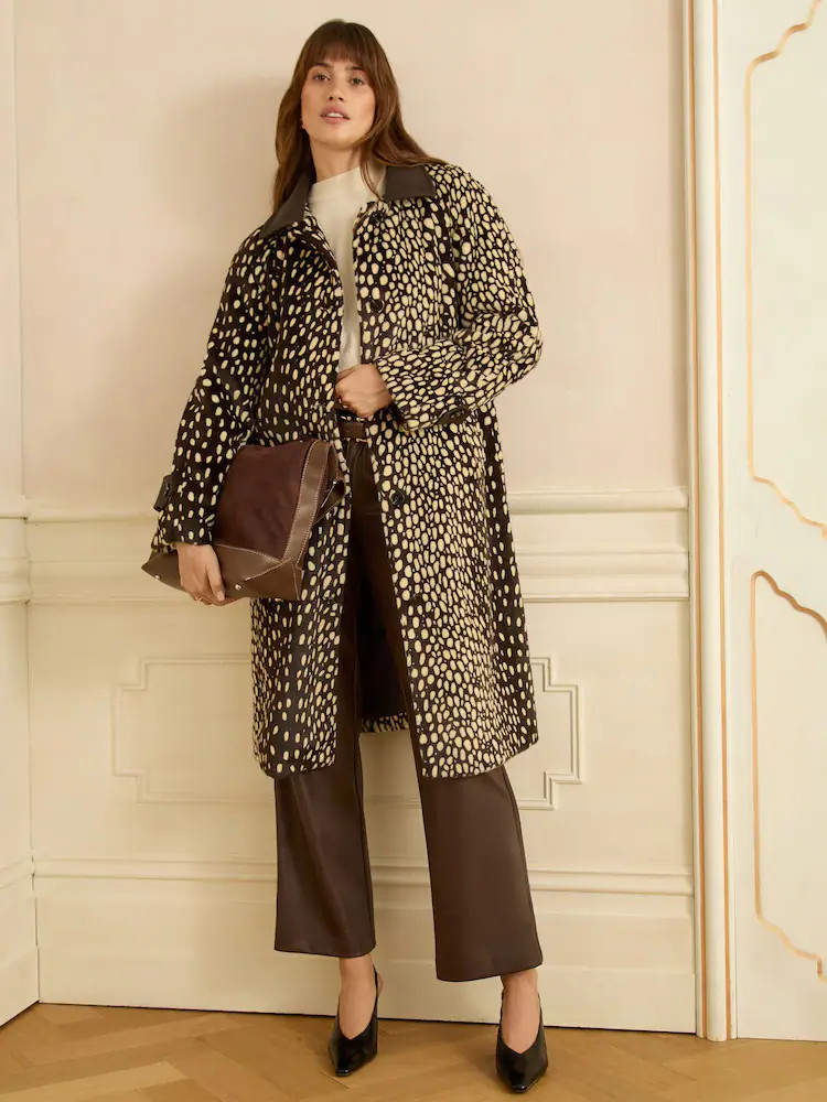 Love & Roses Chocolate Brown Dalmatian Print Faux Fur Coat with Faux Leather Collar | Next US