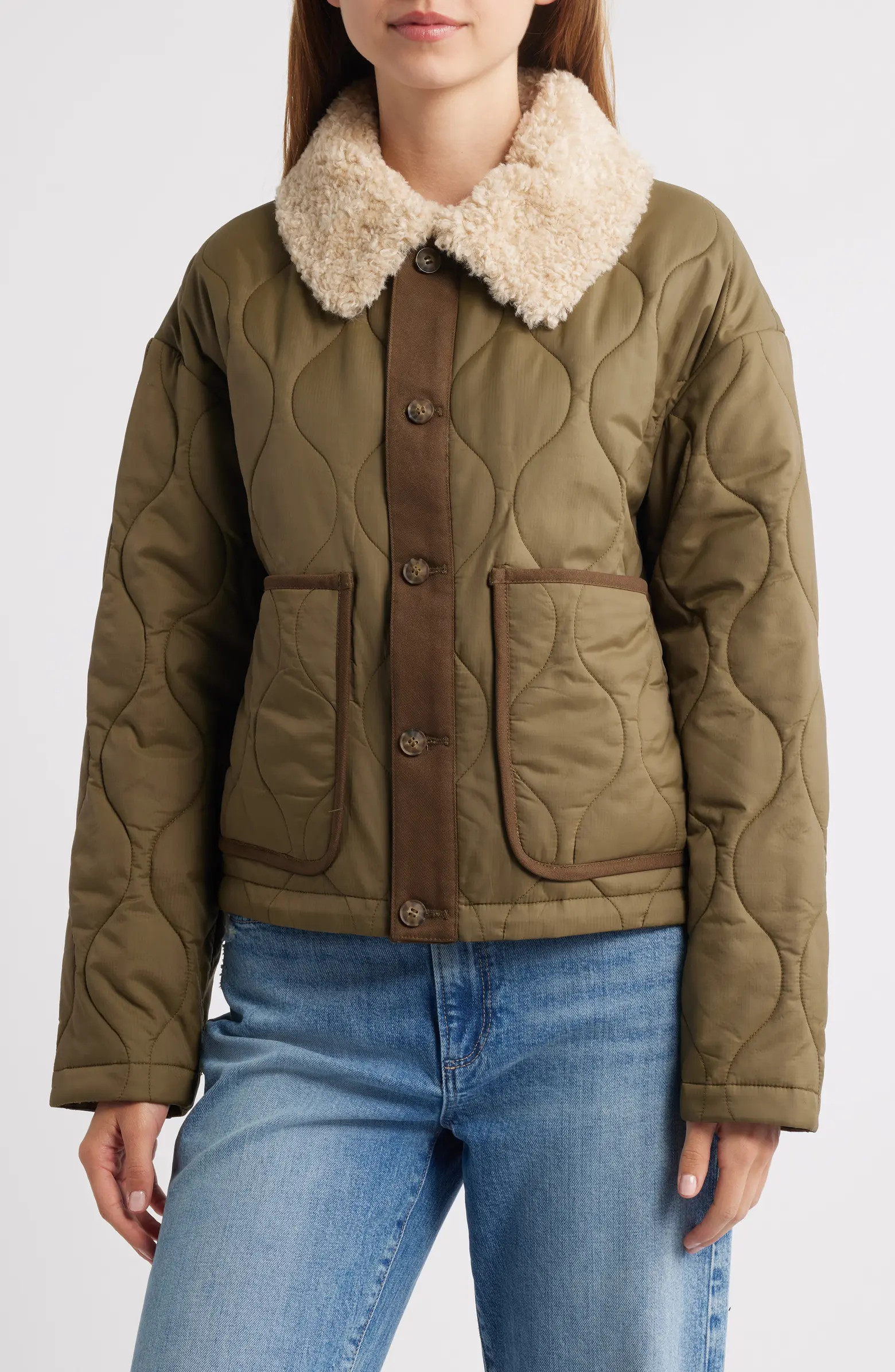 Lucky Brand Quilted Crop Jacket with Faux Shearling Collar | Nordstrom | Nordstrom