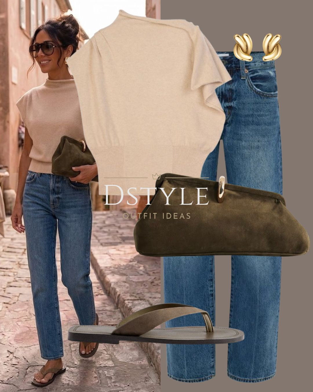 Minimalist summer denim style 🌿 Beige cap-sleeve knit top styled with straight-leg blue jeans, olive green suede clutch bag, and flat sandals. Sleek gold earrings add the perfect finishing touch.

#LTKootd