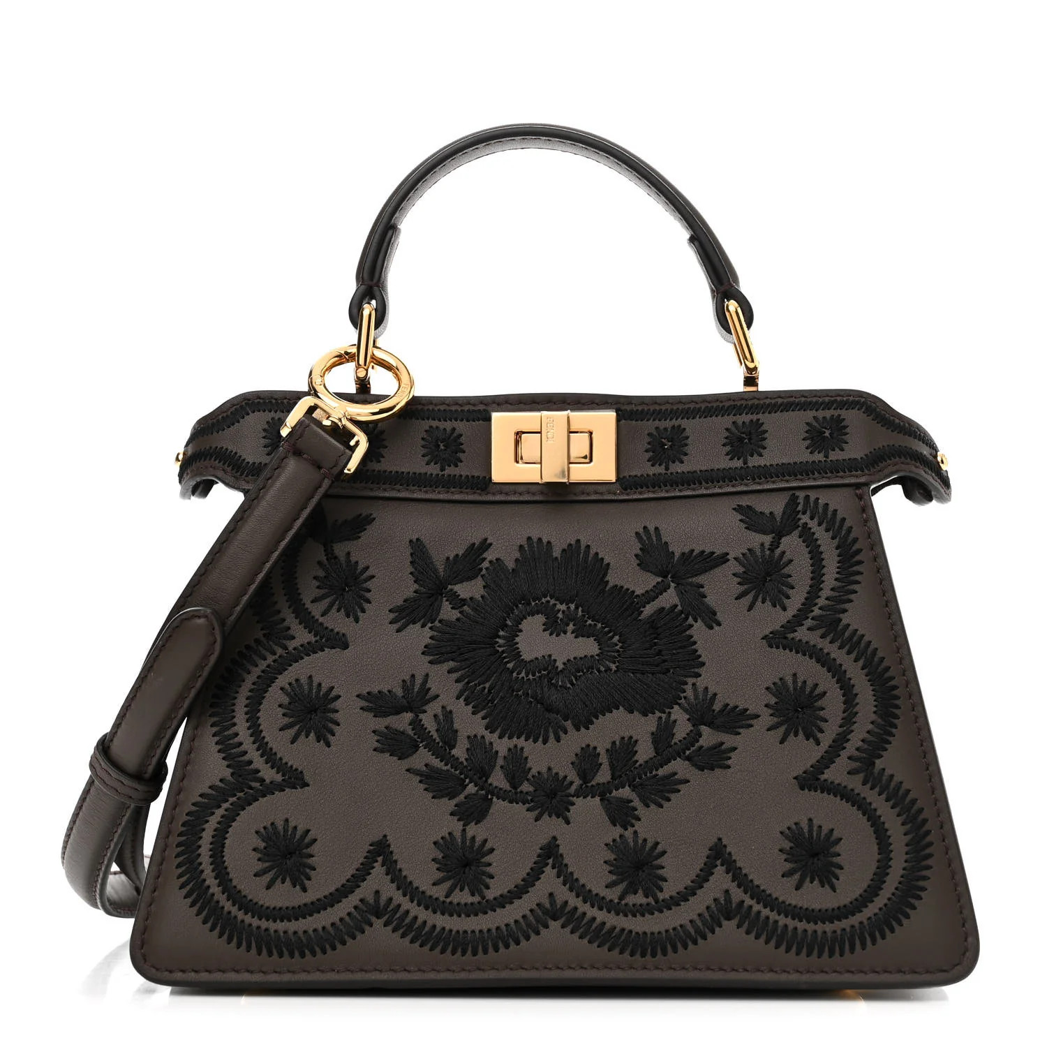 Fendi Vitello Seta Shiny Nappa Floral Embroidered Petite Peekaboo I SEE U Satchel Carbone Black 1... | FASHIONPHILE (US)