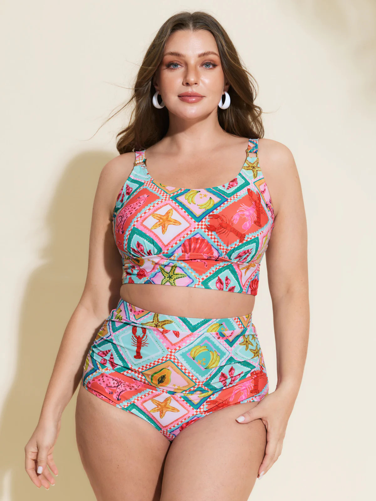 Colorful Vacation Print High-Waisted Swim Bottoms | Bloomchic