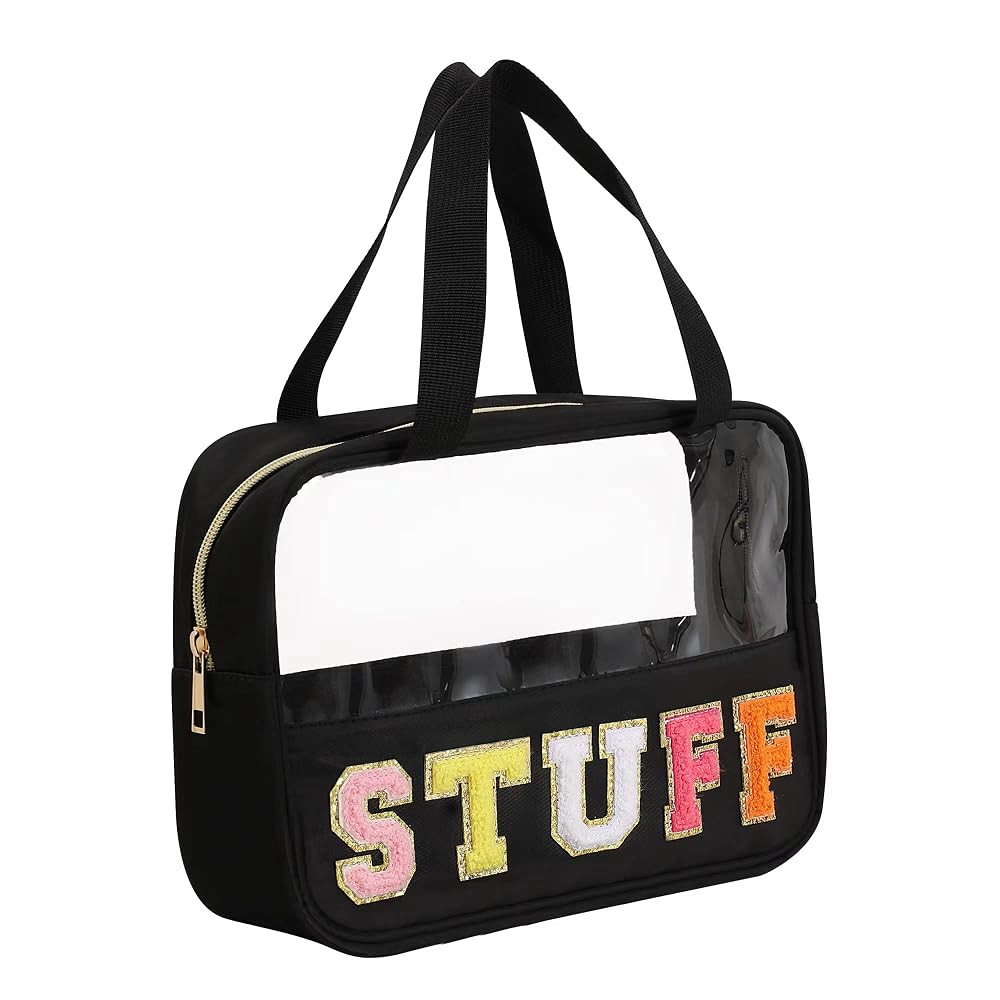 Chenille Letter Patch Clear Bag,Preppy Multi-purpose PVC&Nylon Clear Makeup Bag with Handles,Larg... | Amazon (US)