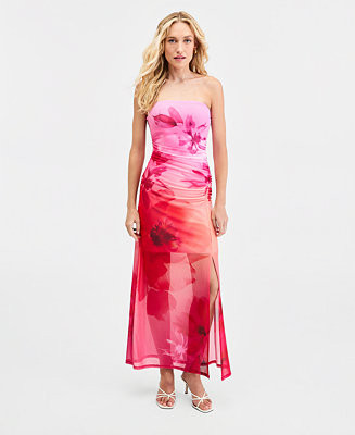 Women's Floral-Print Mesh Strapless Dress | Macy's