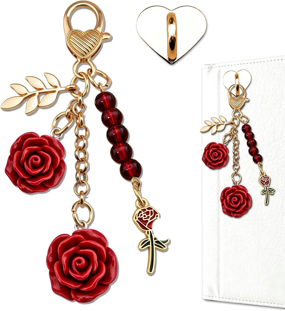 Rose Purse Charms Cute Flower Keychain With Heart Sticker Charm Chain For Kindle Colorful Bag Cha... | Amazon (US)