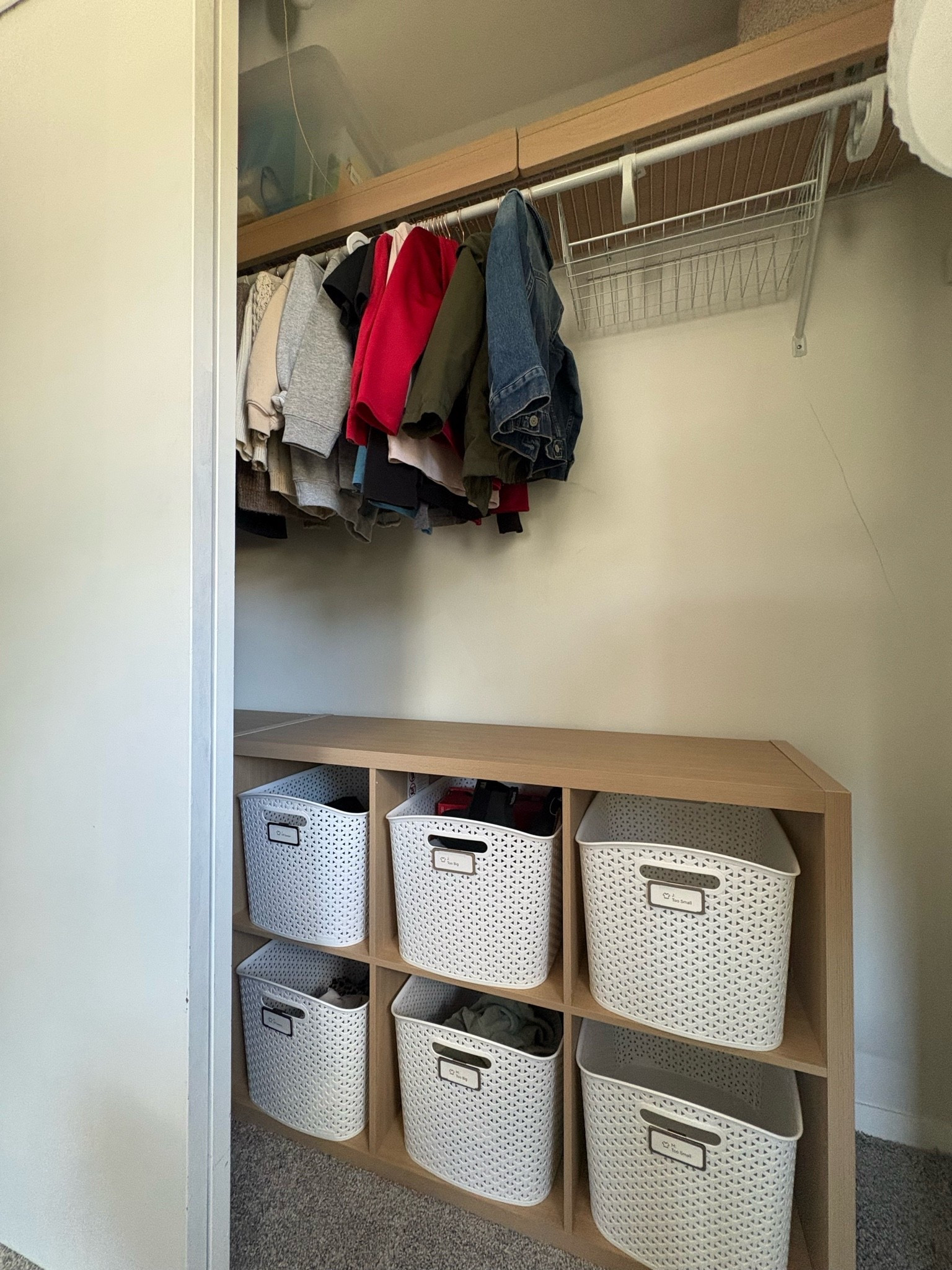 What an upgrade 🙌🏼 These wire shelf toppers made such a difference in this closet—and they were SO easy to put together. They just rest right on top of the existing wire shelves and instantly make the whole space feel more finished.

While I was in here, I swapped out his felt baby hangers and bought the same hangers we use in my girls’ room. One small thing that makes laundry day easier: everyone has the same hangers. No sorting or figuring out which ones go where.

I also went through the outgrown clothes to pass along to my sister’s baby and reset the hand-me-down system I keep in this closet.

For each girl, I keep three bins:

TOO BIG — hand-me-downs they’ll grow into
TOO SMALL — ready to pass along or move out
OUT OF SEASON — things we’ll need again later

Eventually, some of it gets moved to our basement storage, but these bins give me a place for quick sorting as we go.

Because kids grow SO fast 🥹 and I’d much rather pull out one too-small shirt when I notice it than do a massive closet purge every few months.

Simple systems that make it easier to keep up. 🙌🏼

Comment CLOSET and I’ll send you the links!

#LTKBaby #LTKKids #LTKmomlife