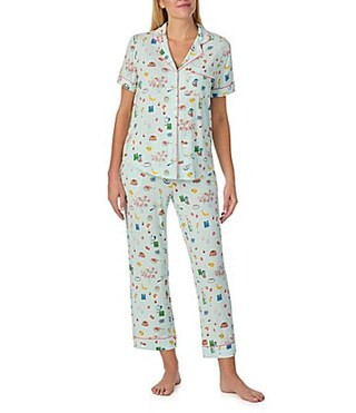 kate spade new york Breakfast in Bed Novelty Short Sleeve Notch Collar Button-Front Jersey Knit Cropped Pajama Set - M | Dillard's