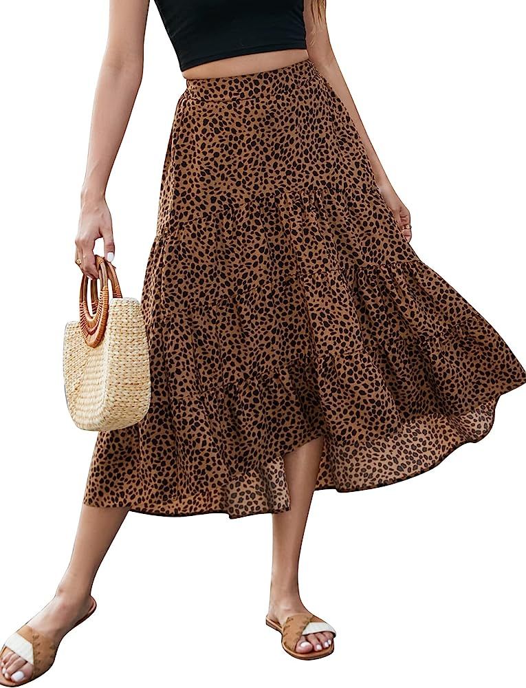 SimpleFun Women's Long Skirts Boho Floral Elastic High Waist Asymmetrical Hem Midi Skirt | Amazon (US)