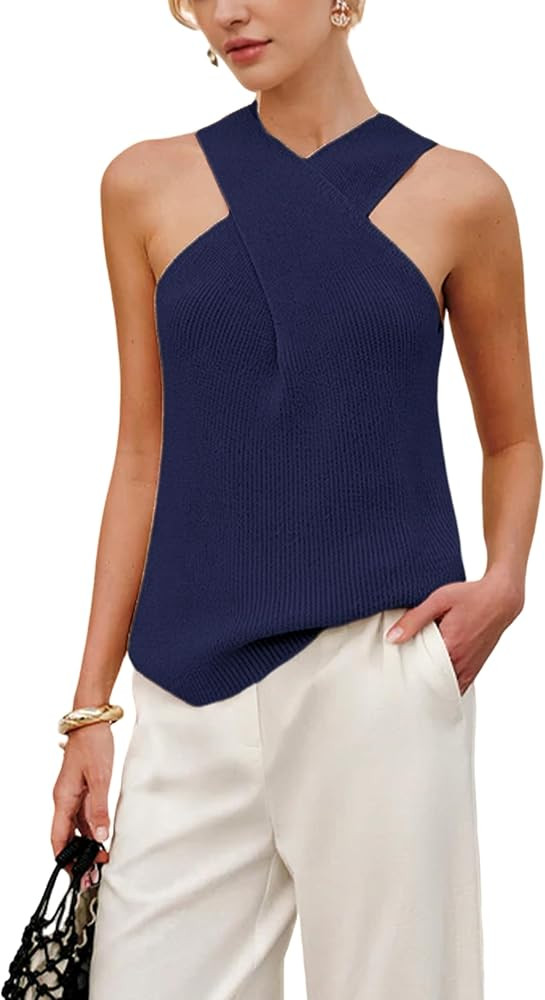 Yeokou Women Halter Cross Over Collar Tank Knit Sleeveless Top Solid Color Casual Summer Blouse | Amazon (US)