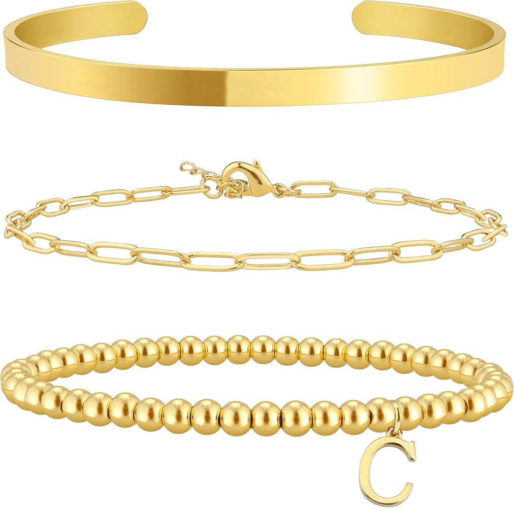 Gifts for Teens Girls,14K Gold Plated Initial Bracelets for Women Gold Bangle Cuff Bracelet | Amazon (US)