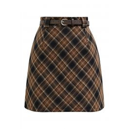 Darling Plaid Belted Mini Skirt in Brown | Chicwish