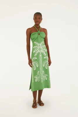 Green Palm Tree Embroidered Halter Neck Midi Dress | FarmRio (US)