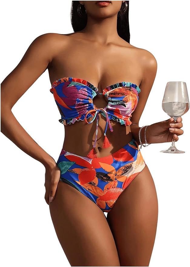 GORGLITTER Women's Strapless Swimsuits Graphic Frill Trim Tie Front High Waisted Bikini Sets | Amazon (US)