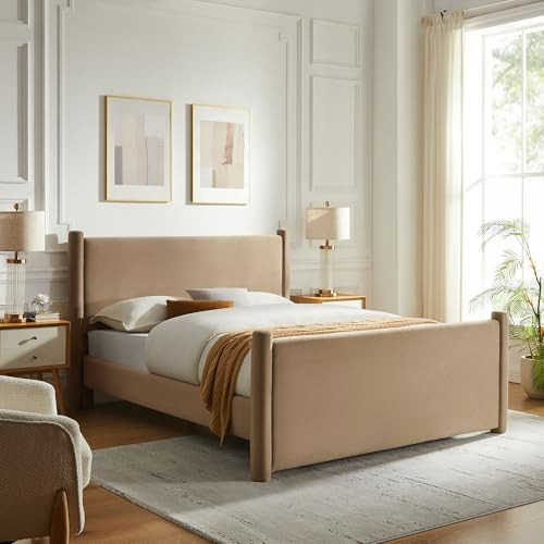 Modway Rael Queen Platform Bed Frame with Upholstered Headboard and Footboard in Taupe – Stain-Resistant Performance Velvet Queen Size Bed with Rounded Posts | Amazon (US)