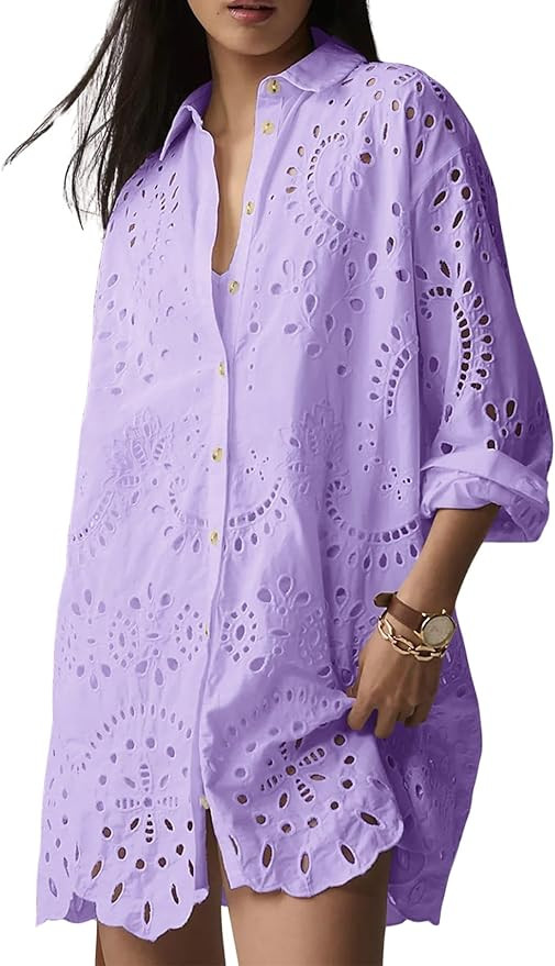 CHARTOU Women Eyelet Lace Dress Button Down Shirt Loose Fit Summer Casual Mini Dress | Amazon (US)