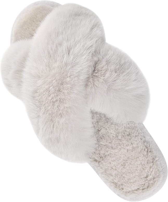 Parlovable Women's Cross Band Soft Plush Furry Cozy Open Toe House Breathable Faux Rabbit Fur War... | Amazon (US)