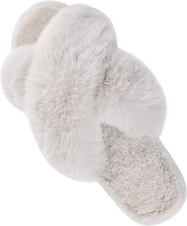 Women's Cross Band Slippers Soft Plush Furry Cozy Open Toe House Shoes Indoor Outdoor Faux Rabbit... | Amazon (US)