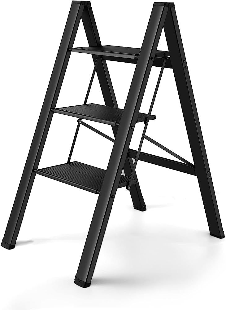 flygeneral 3 Step Ladder, Black Aluminum Folding Ladder Stool, Wider Upgraded Non-Slip Treads, Po... | Amazon (US)