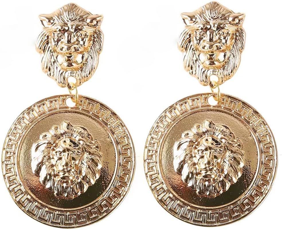 Lion Head Earrings Vintage Statement Golden Coin Women Fashion | Amazon (US)