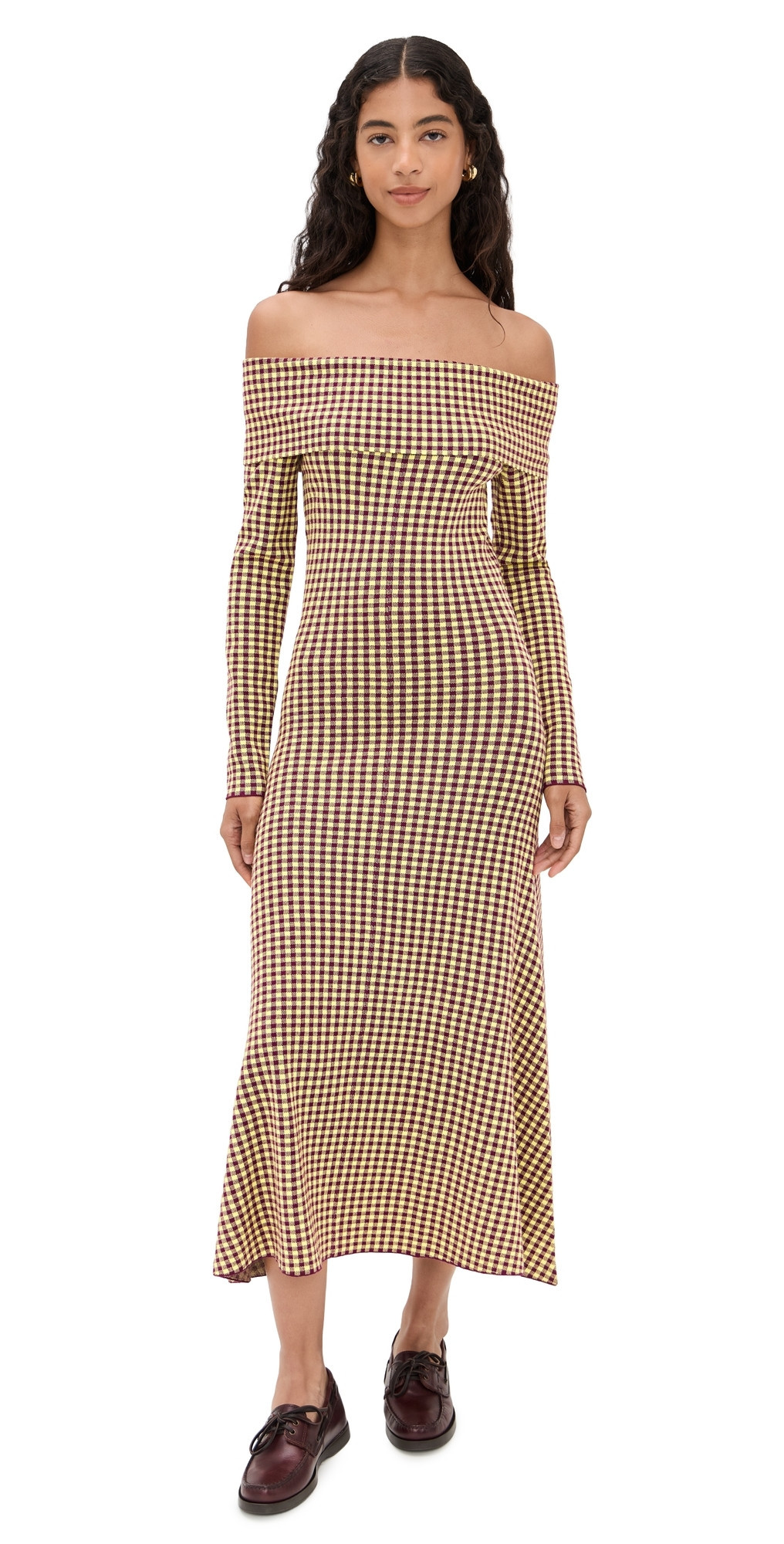 LE BOP Gingham Knit Off Shoulder Dress Burgundy/Citrine L | Shopbop