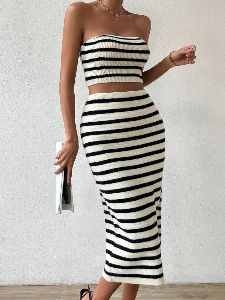 SHEIN Essnce Striped Pattern Tube Knit Top & Knit Skirt | SHEIN