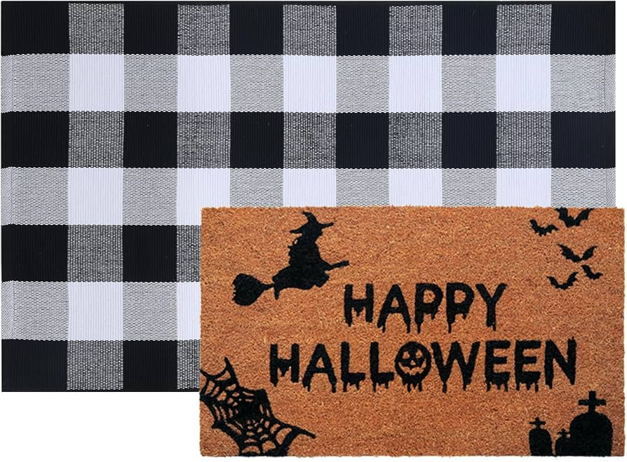 Halloween Decor Doormat Combo Set, 100% Coco Coir Welcome Mat + 28 x 43 Inches Black and White Pl... | Amazon (US)