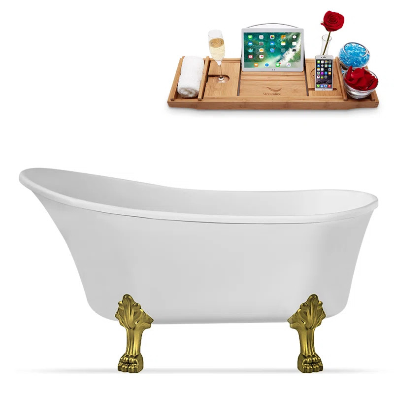 67" Streamline Clawfoot Soaking Acrylic Bathtub With Drain, Clawfeet, and Bamboo Tray | Wayfair North America