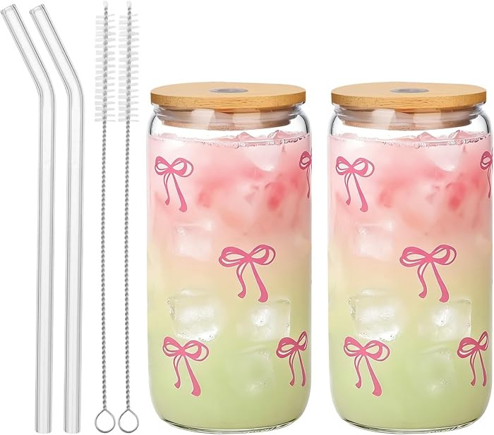 2 Pcs Cute Pink Bow Glass Cups with Lids & Straws, Aesthetic Iced Coffee Cup, Girly Preppy Design... | Amazon (US)
