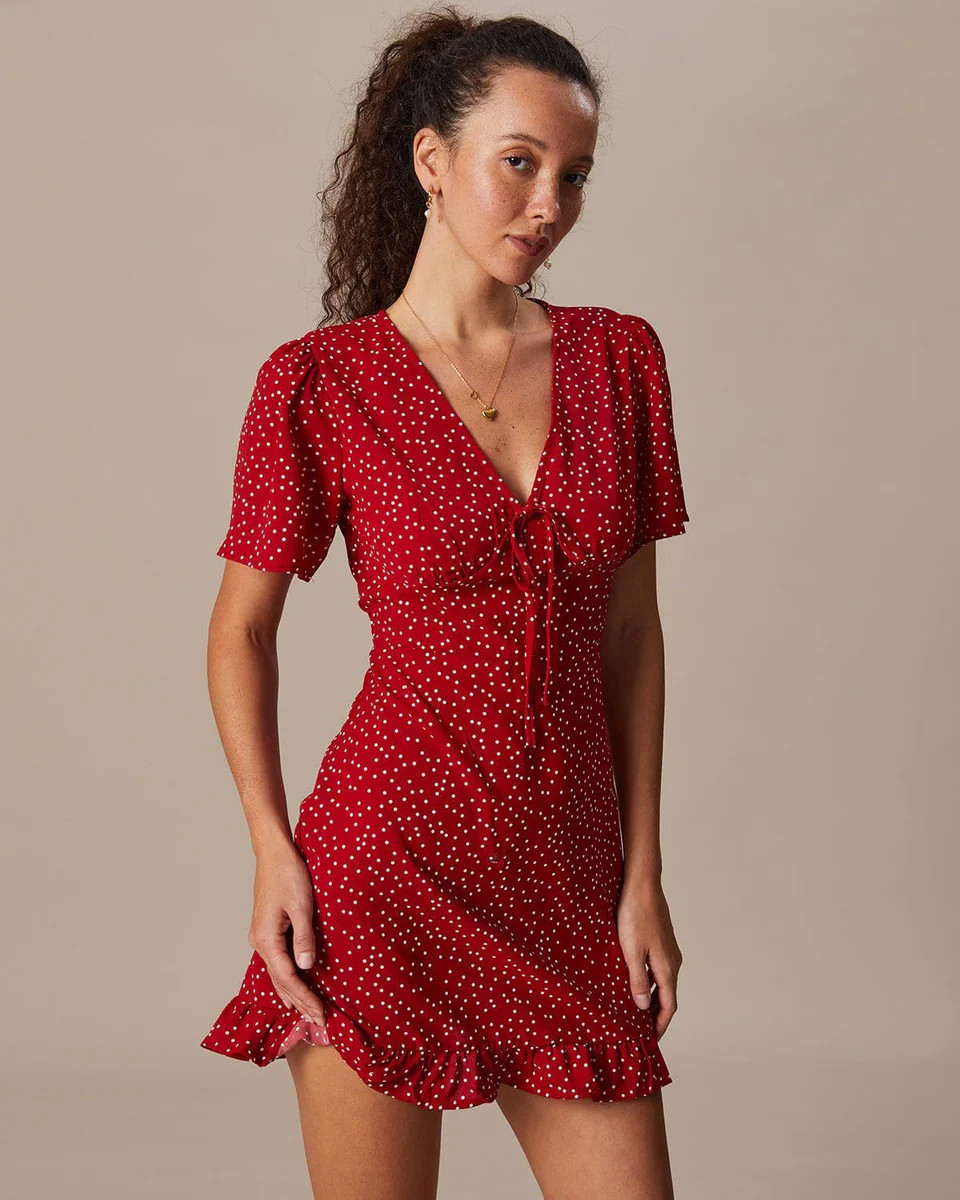 The Red V Neck Polka Dot Flounce Mini Dress | rihoas.com