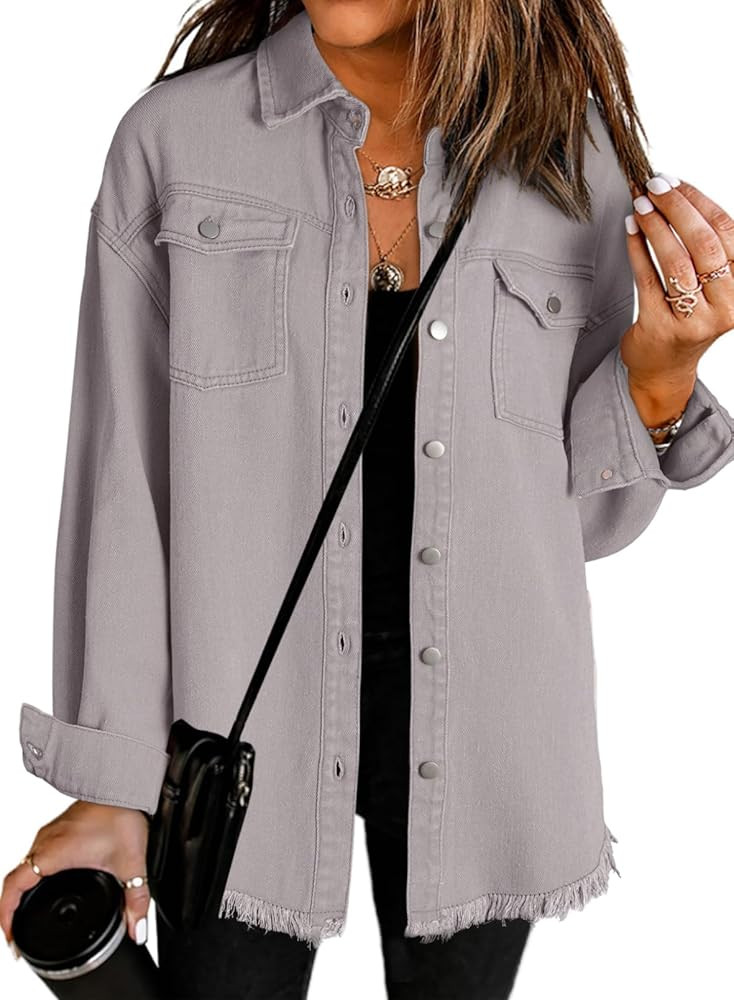 Dokotoo Women's Oversized Denim Jacket Casual Long Sleeve Denim Shirts Distresse Jean Jacket | Amazon (US)