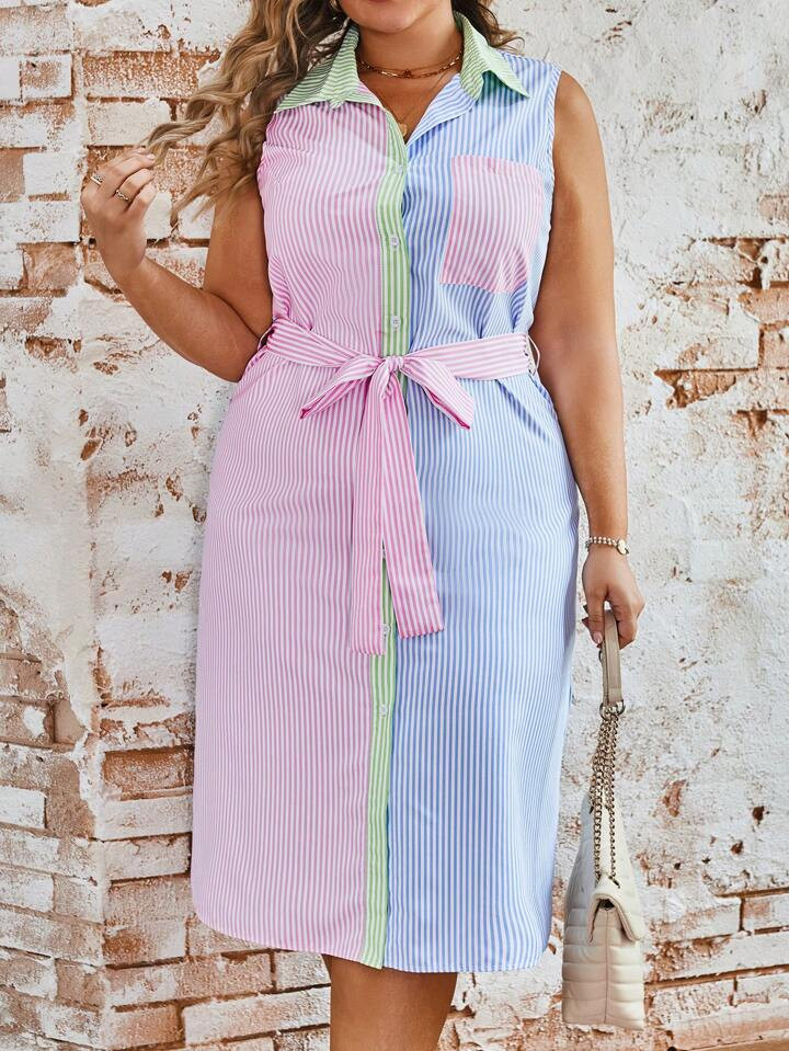 SHEIN VCAY Plus Size Women's Sleeveless Striped Pocket Shirt Dress For Summer Casual Occasions | SHEIN
