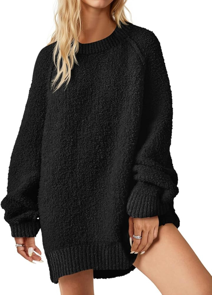 Saodimallsu Womens Oversized Sweater 2025 Fall Trendy Fuzzy Crew Neck Long Sleeve Casual Tunic Sw... | Amazon (US)