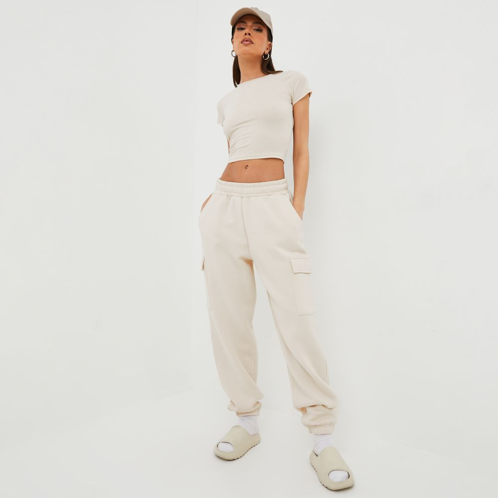 Pocket Detail Cuffed Hem Cargo Joggers In Cream | EGO (UK)