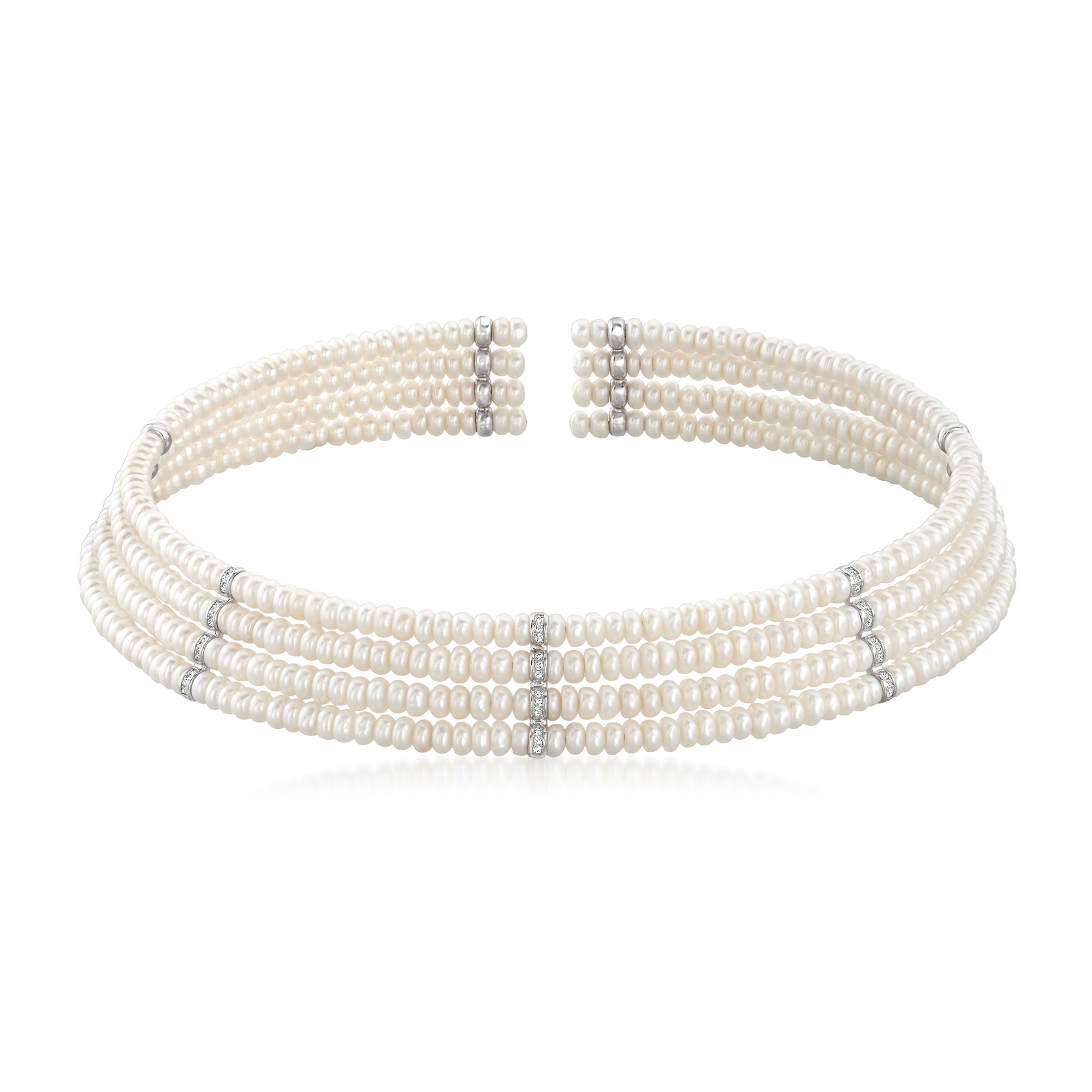 Multi-Row 4.5-5mm Cultured Pearl and .23 ct. t.w. Diamond Choker Necklace with Sterling Silver | Ross-Simons