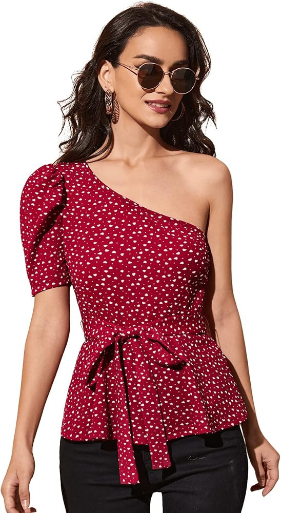 Romwe Women's One Shoulder Short Puff Sleeve Self Belted Solid Blouse Top | Amazon (US)