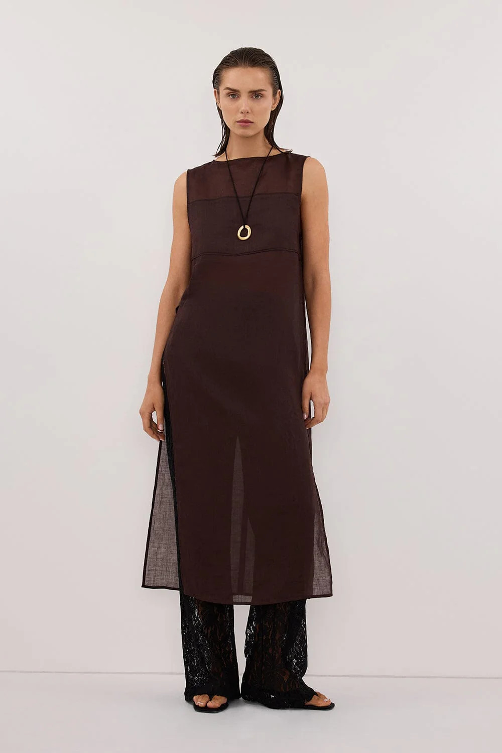 KAI BURNT CHOC SLEEVELESS RAMIE TUNIC TOP | DISSH