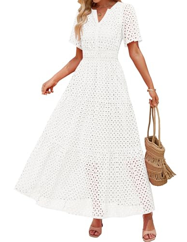 ZESICA Women's 2025 Summer Short Sleeve Maxi Dress Casual V Neck Hollow Out Eyelet Ruffle Swing A... | Amazon (US)