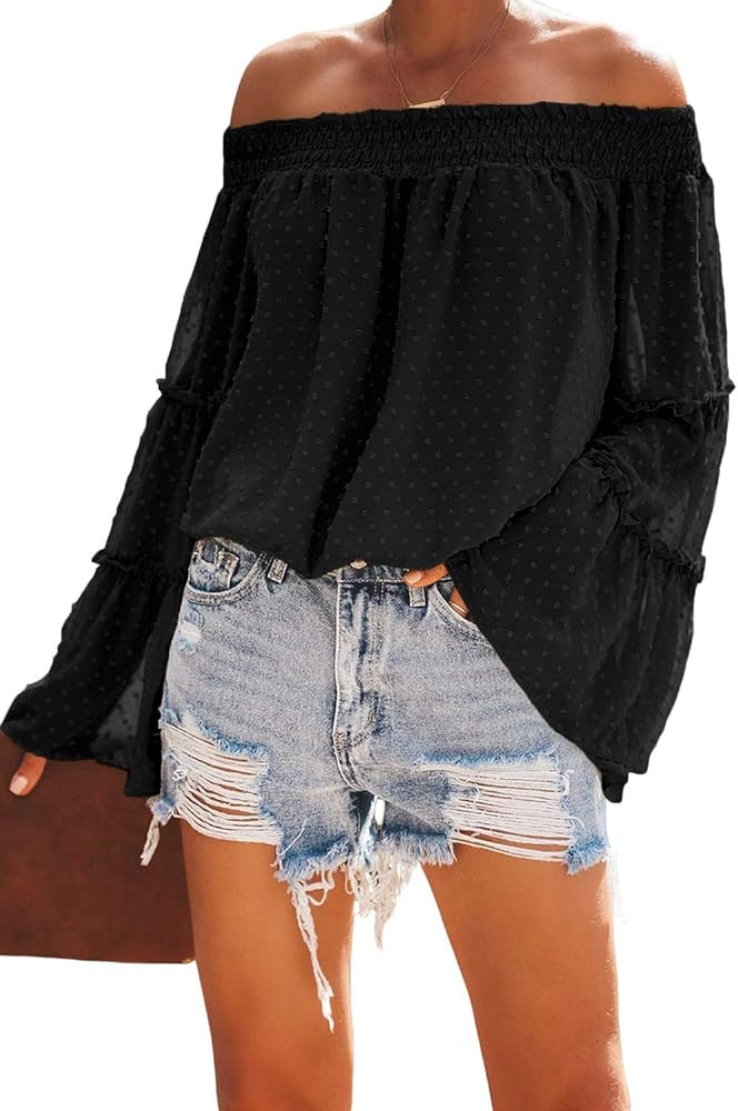 KIRUNDO Women’s Tops Summer Chiffon Off The Shoulder Tops Swiss Dot 3/4 Bell Sleeves Casual Blo... | Amazon (US)