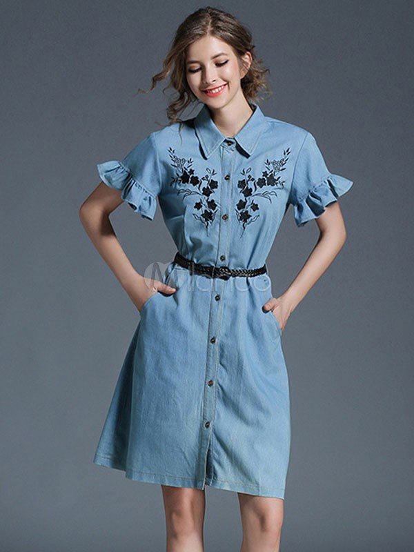 Denim Shirt Dress Light Blue Turndown Collar Bell Sleeve Embroidered Single Breasted Women's Summer Dresses With Belt | Milanoo