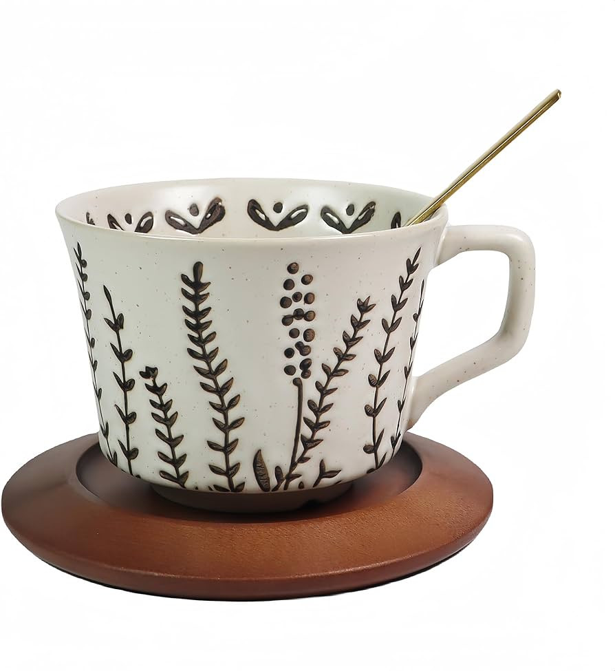 Vintage Ceramic Coffee Mug Thick Pottery Coffee Tea cup with Wooden Saucer and Spoon - 12 oz Tea ... | Amazon (US)