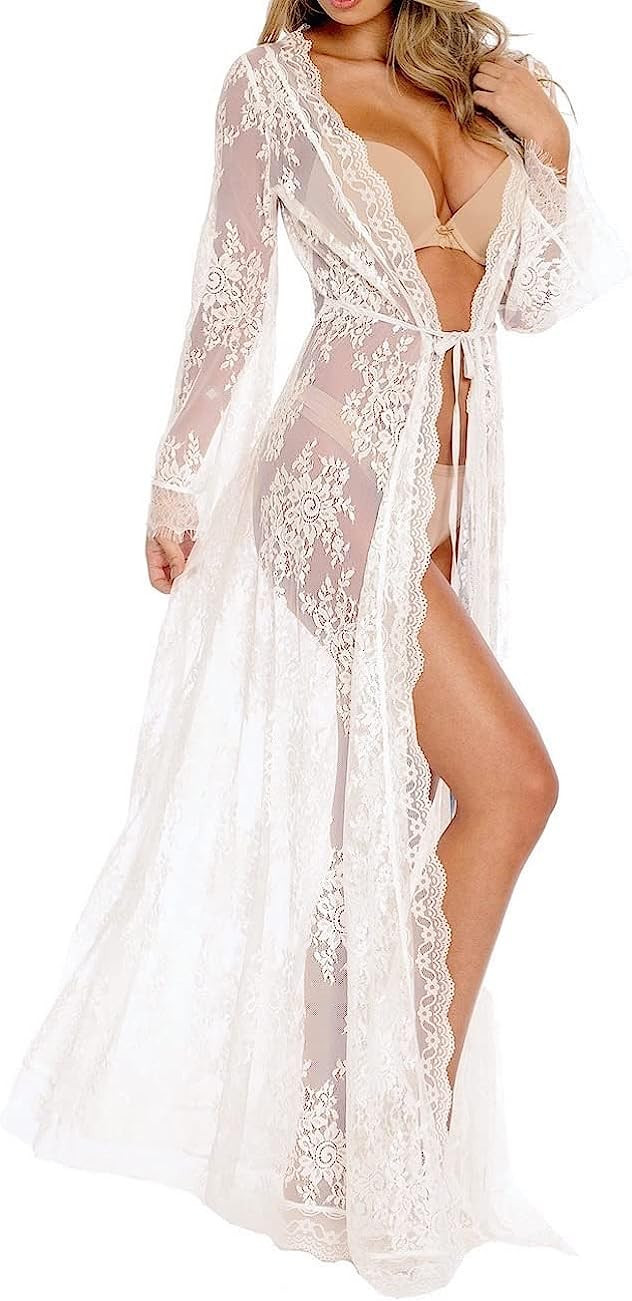 Women Sexy Long Lace Dress Sheer Gown See Through Lingerie Kimono Robe Swimsuit Cover Up | Amazon (US)