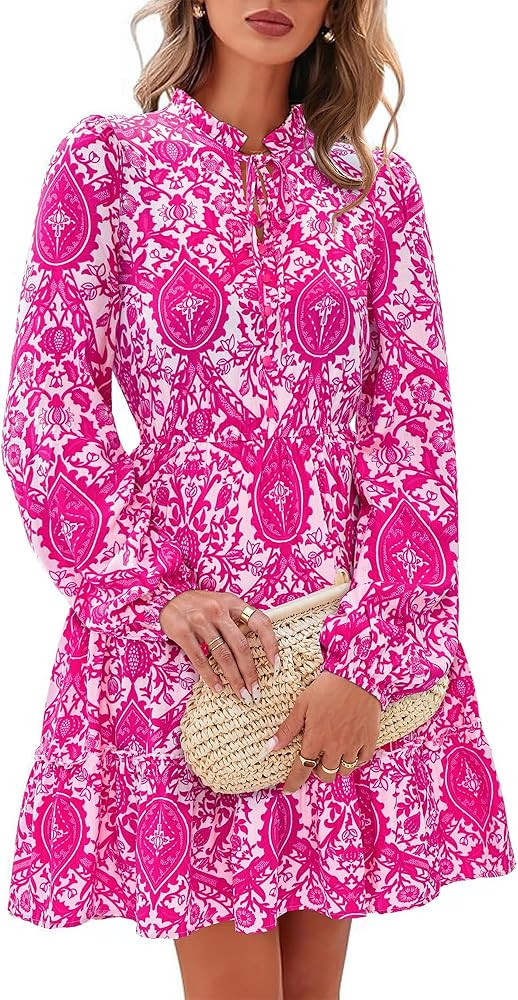 BTFBM Women Spring Dresses 2026 Floral V Neck Long Sleeve Tiered Ruffle Boho Swing Flowy A-Line M... | Amazon (US)