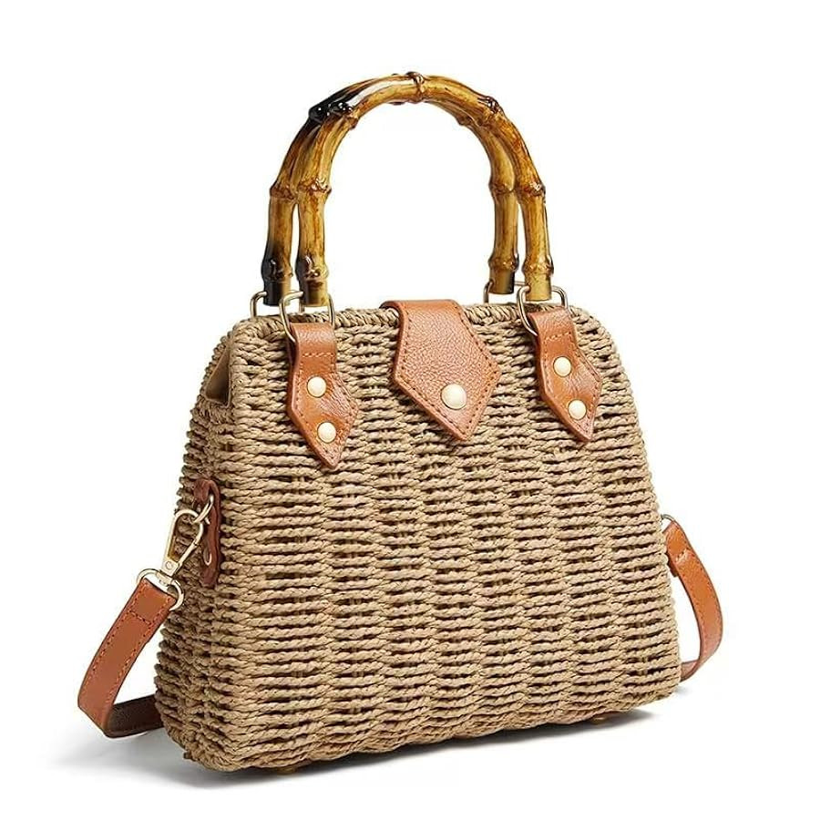 Woven Straw Handbag with Bamboo Handle, Brown Leather Trim, Crossbody Strap, Natural | Amazon (US)
